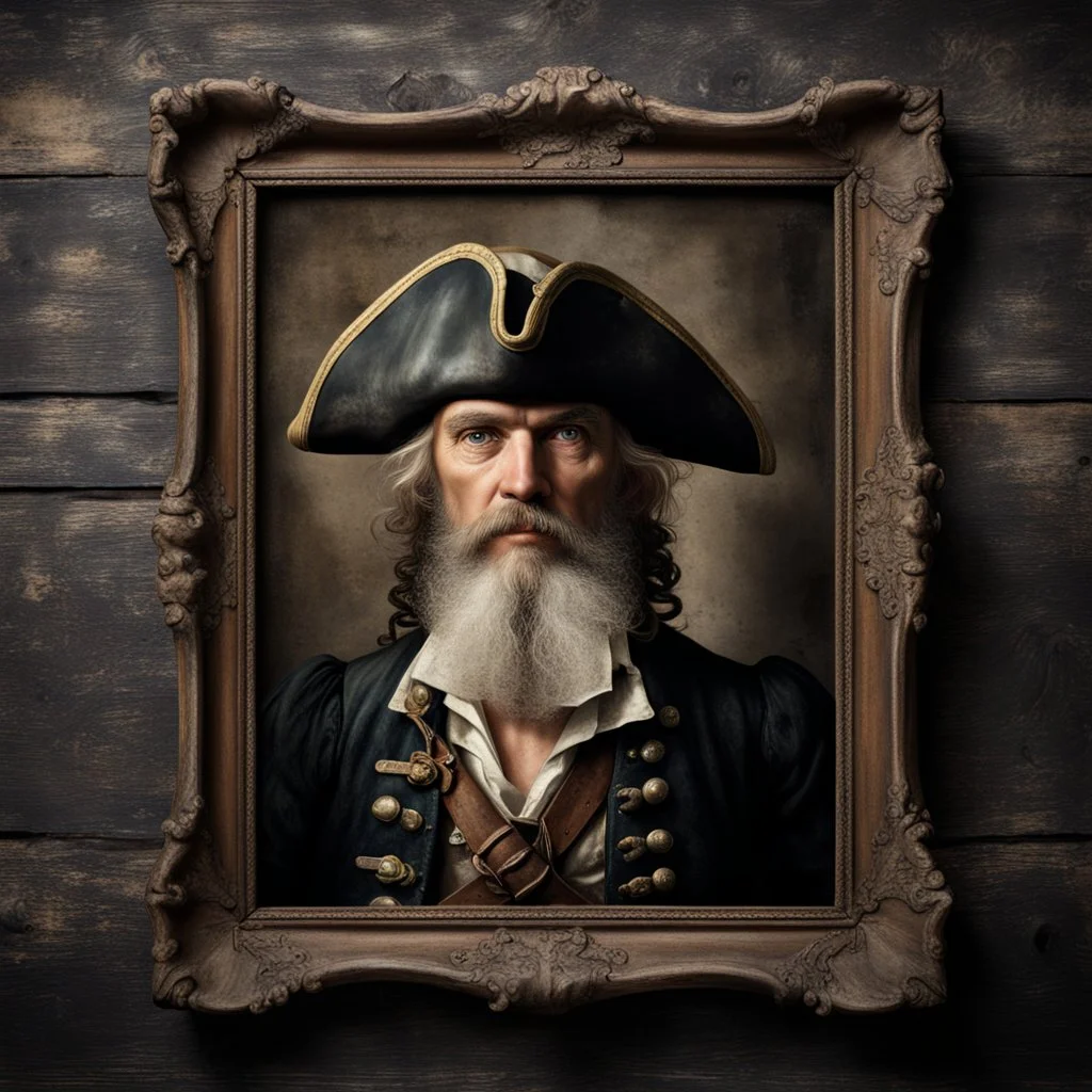 Hyper Realistic vintage frame portrait of Henry Avery Pirate on a rustic dark wall