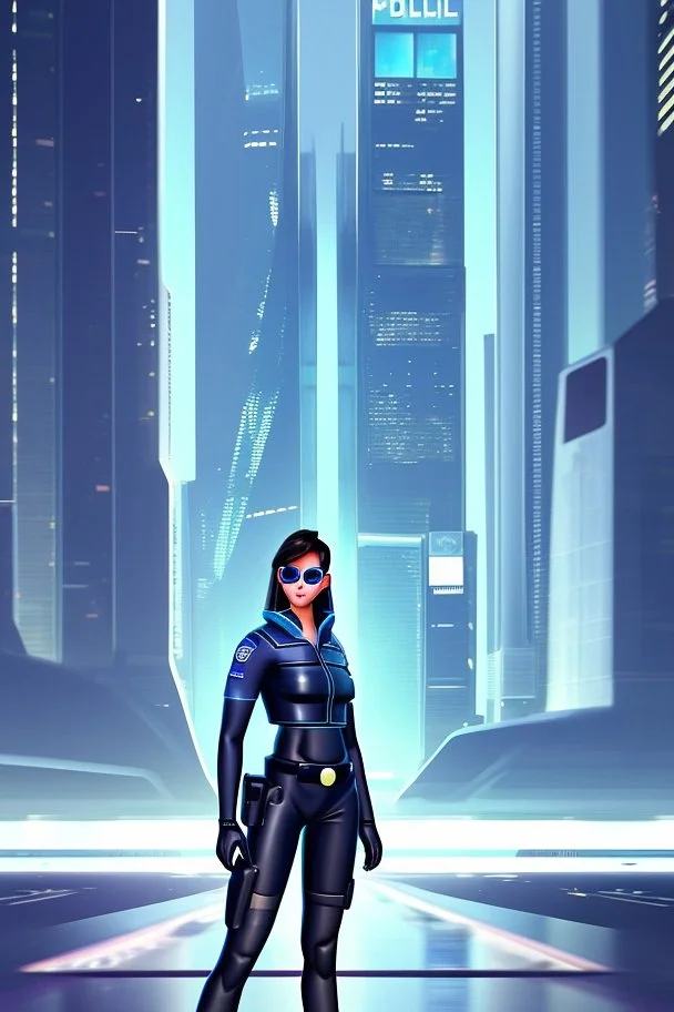 full body picture of a policewoman, futuristic city background