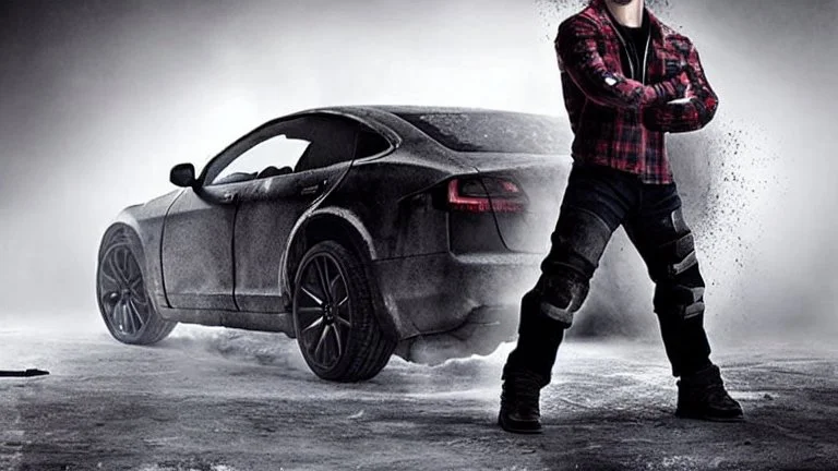 A Tesla's 'Model S Plaid' is doing donuts, in the post-apocalyptic world of the 'Terminator' movies. CINEMATIC. WIDE ANGLE LENS. PHOTO REAL.