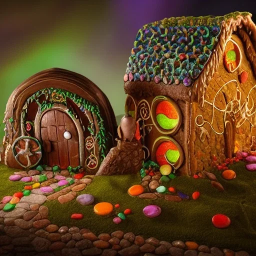 an intricate hobbit-style gingerbread house with rainbow sprinkles, frosting, vibreant crushed candy, 8k resolution, centered, high-quality, ultrafine-detail, digital art, flickering light, detailed matte, volumetric lighting, illustration, 3D octane render, brian froud, howard lyon, ben goossens, George Grie, greg rutowski, alphonse mucha