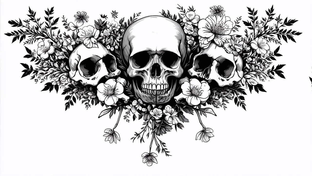 tracery of bones, flowers and skulls, black and white, minimalistic