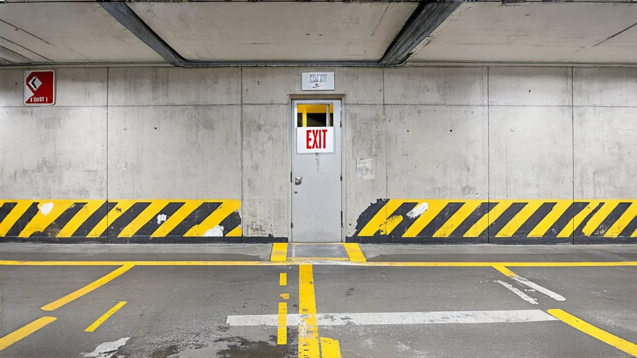 wall design for parking garage, concrete, yellow painted hazard lines, weathering and water stains, in middle is an exit doorway with small window, with a sign is above. rough painted hashmarks and parking lines, add signage found in a parking garage.