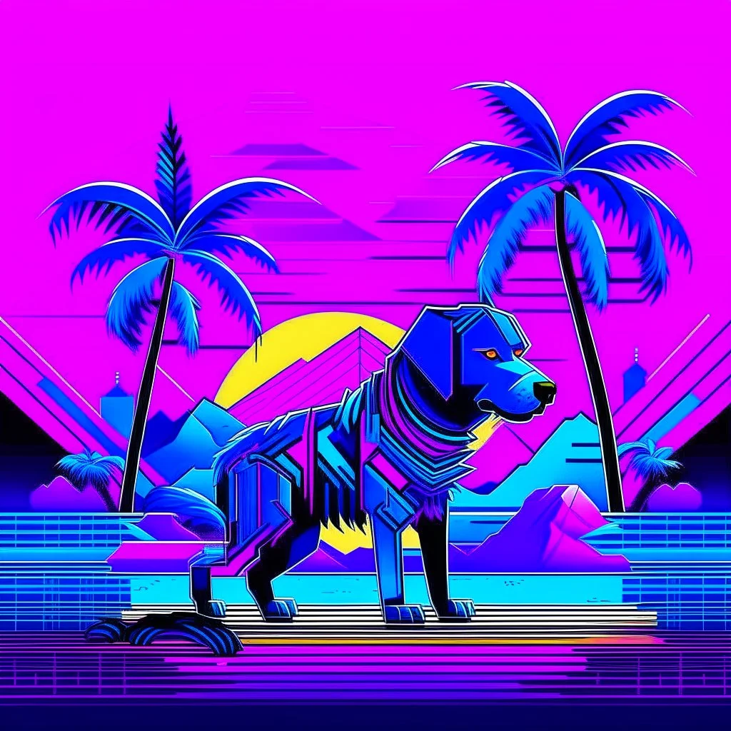 A K-9 Vaporwave design would depict the iconic robotic dog from Doctor Who with a bright, neon colour scheme of purples, pinks, and blues, featuring digital glitch patterns, gradient transitions, and a backdrop of retro-futuristic grid patterns, pixel art palm trees, and surreal Japanese kanji characters, blending K-9’s angular, boxy form with the nostalgic and surreal aesthetics of vaporwave.