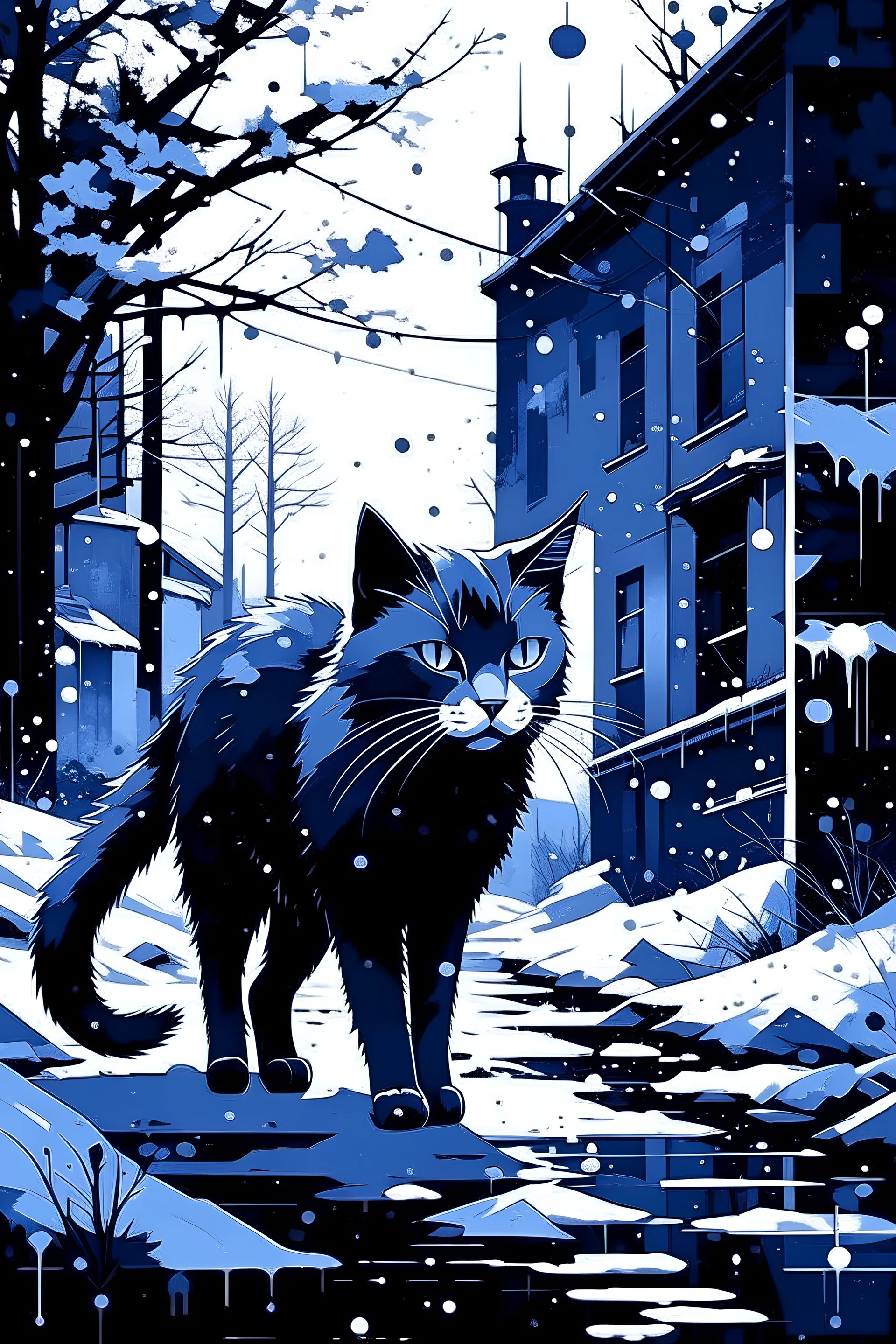 Deconstructivism cat walkin, oil painting ink drawing vector illustration dynamic painting Gothic Snowy