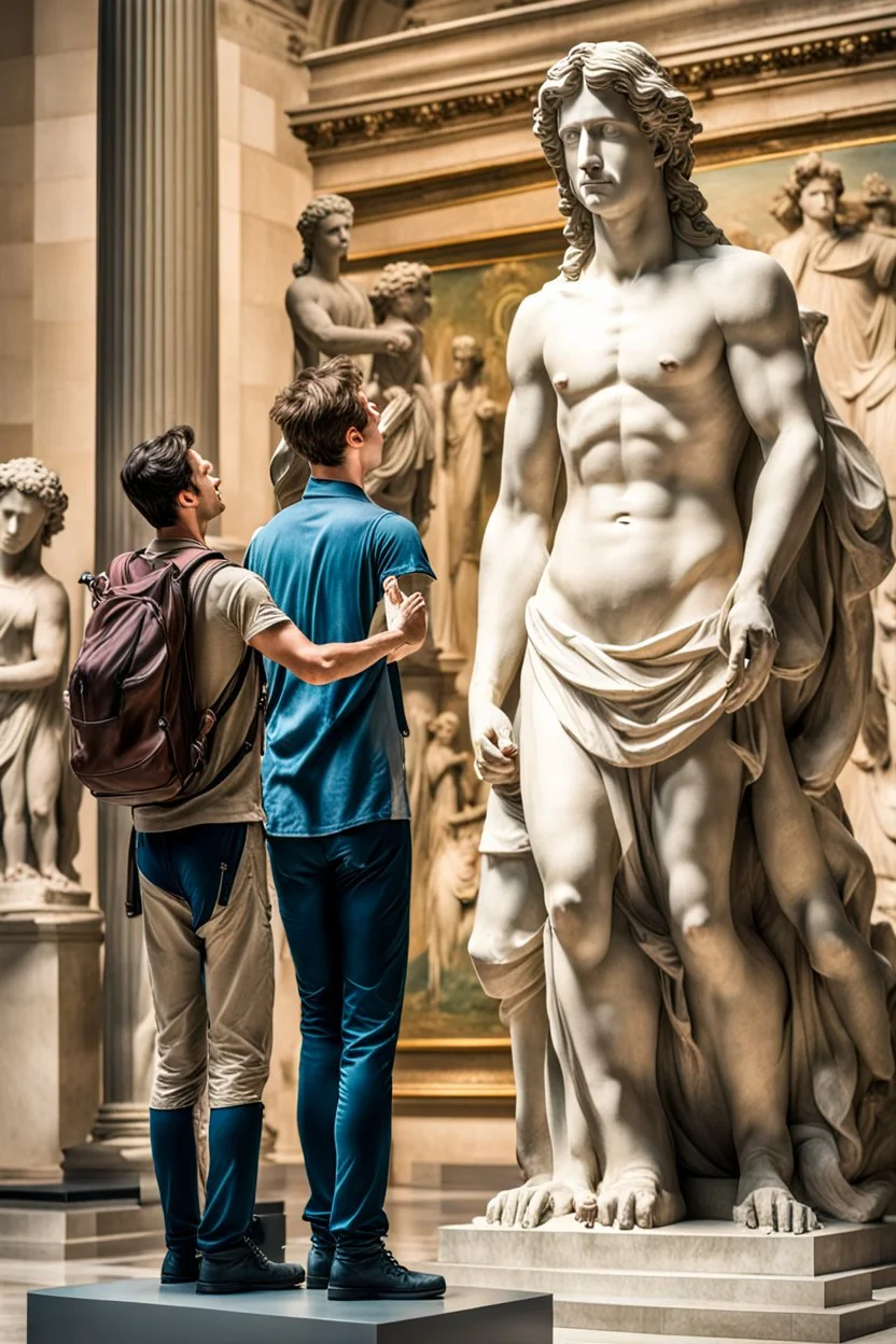 Show David in a role reversal situation, such as him being a tourist admiring other famous artworks or statues in a museum, with a guidebook in hand.