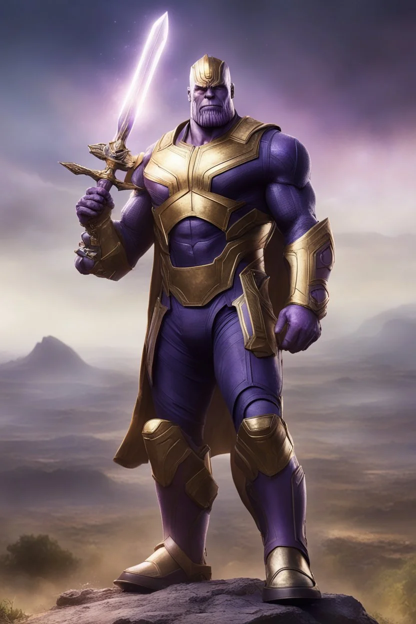 Thanos, the commander of the army of aliens and the king of the entire galaxy, is ready to go on a campaign with his two large swords, his very beautiful and impenetrable armor with his golden helmet, standing on top of a hill with his sword with infinity gauntlet