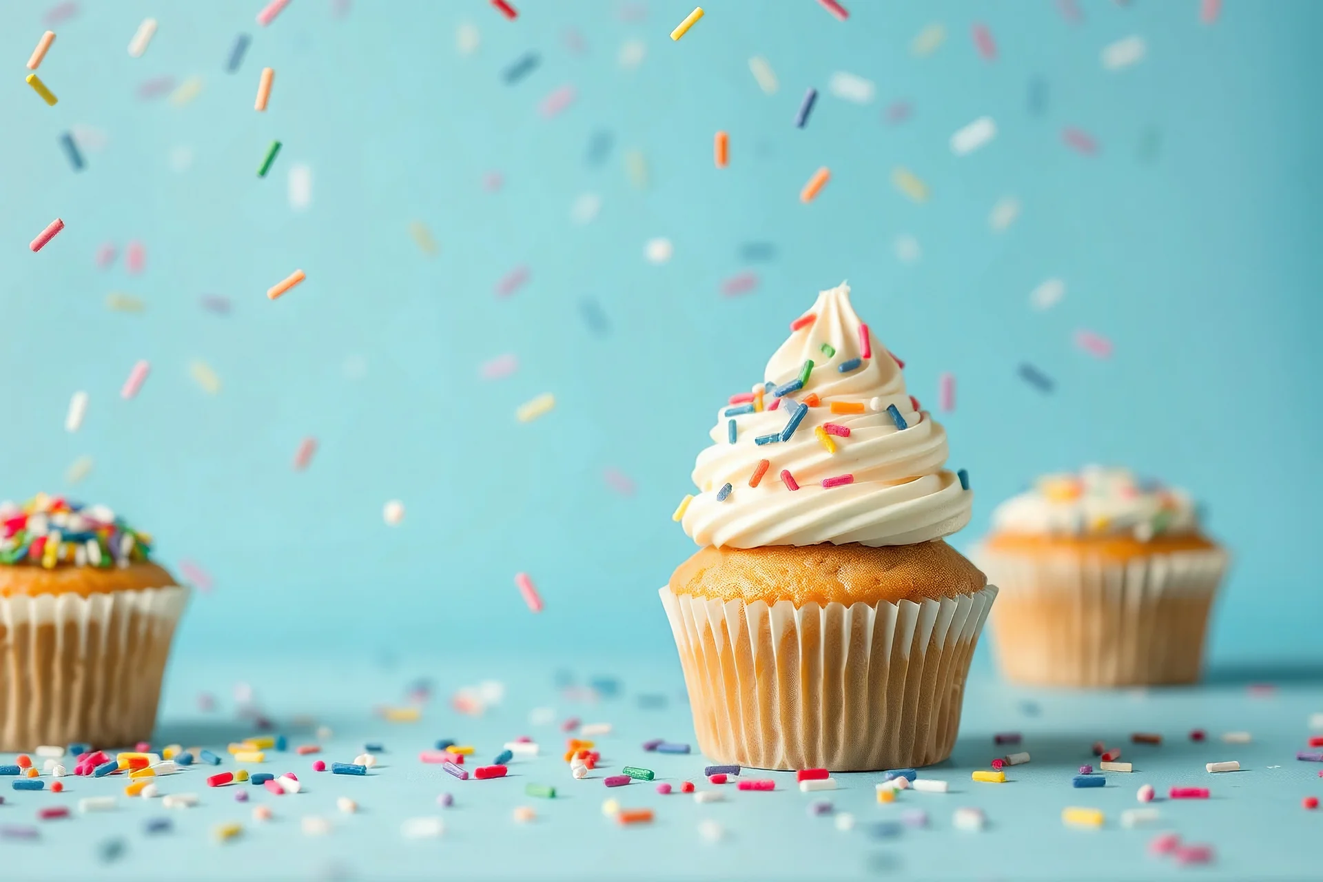 Cupcakes with colorful sprinkles falling over aqua blue background. Copy space