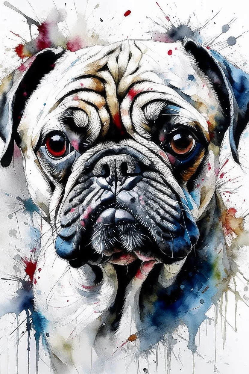 A portrait of a pug by Agnes Cecile by Willem Haenraets, loose watercolour, wet on wet and splattering and dripping techniques, centred, perfect composition, abstraction,