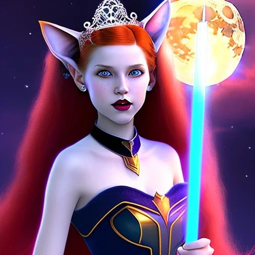 Attractive teenage girl with fire red hair wearing a tiara, who is dressed like a witch casting a spell with a quarterstaff on the moon, she has cat ears and open dazzling blue eyes, has a normal nose, background is realistic space, the girl is on a planet, black goth girl dress, full body portrait, arm colors gradient effect into stars, rendered, unity 3d, unreal engine, dslr, hdr, 4k, edited, photorealistic, normal number of appendages, freckles, artists rendered,