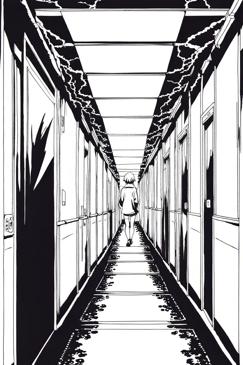 Corridor in the dark, line arts, manga style