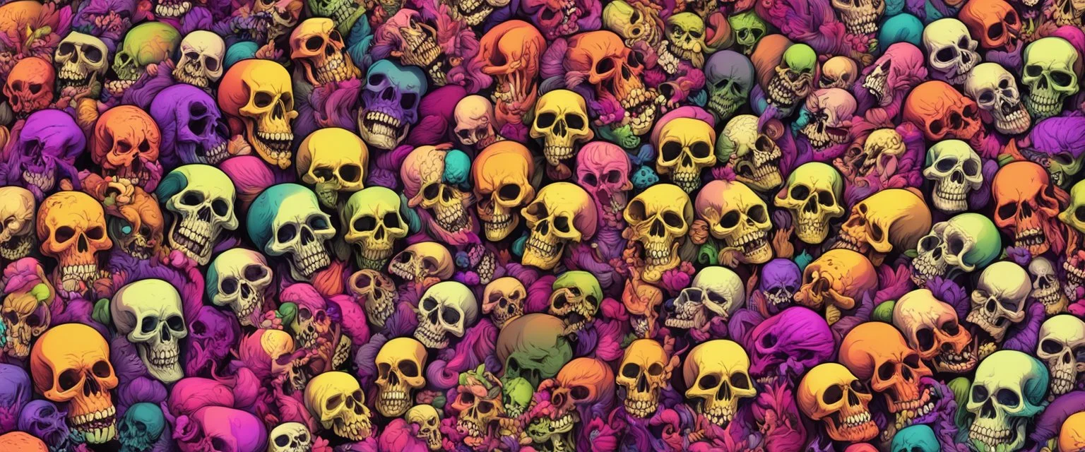 a field of 1000s of cartoonish, anatomically correct, skulls, vivid RANDOM BRIGHT neon colors, dark comedy, well lit, high detail, photorealistic, horrorcore, fun, scary, dead, 100