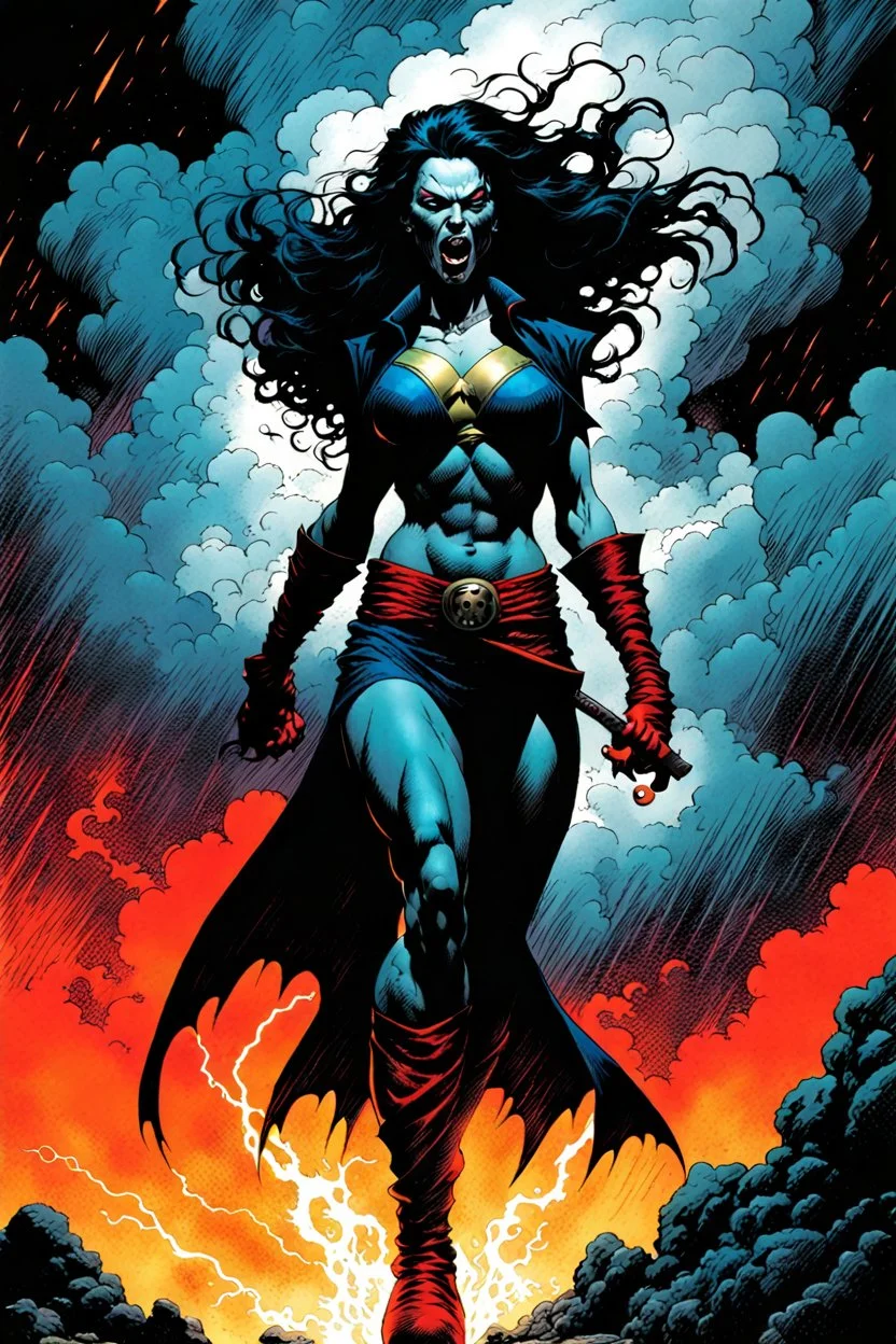 create a surreal horror comic style full body illustration of malevolent female vampire conjuring a violent storm , with highly detailed facial features, in the comic art style of RICHARD CORBEN and FRANK FRAZETTA, searing lines and forceful strokes, precisely drawn, boldly inked, with gritty textures, vibrant colors, dark and dramatic otherworldly lighting