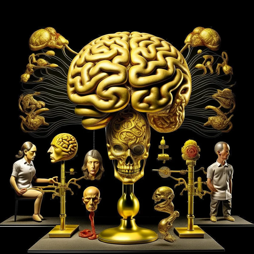 a huge golden brain supported by very small beautiful Asian female human bodies, Communist propaganda slogan banner,complex surgical instruments,a newborn boy between light and shadow, black background,surrealism, symbolism, minimalism, sculpture by Lucian Freud, Rene Magritte, Salvador Dali