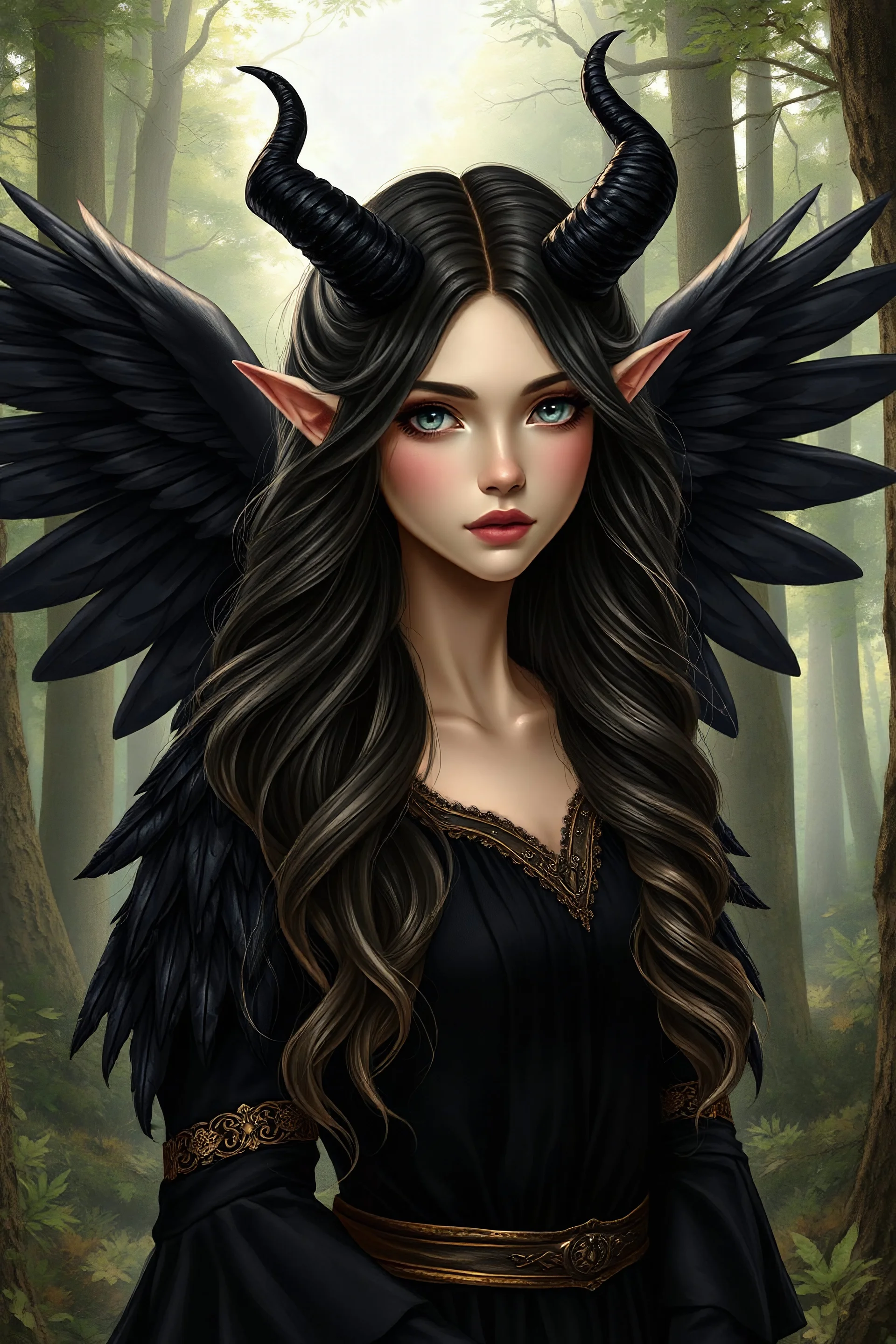 a young woman with ethereal beauty with long wavy black hair with dirty blonde streaks, grey eyes, curved black horns on her temples, pointed ears, she wears a black dress with gold trimming and feathers on her sleeves, she also has huge angelic black feather wings folded behind her back, forest background, realistic art style