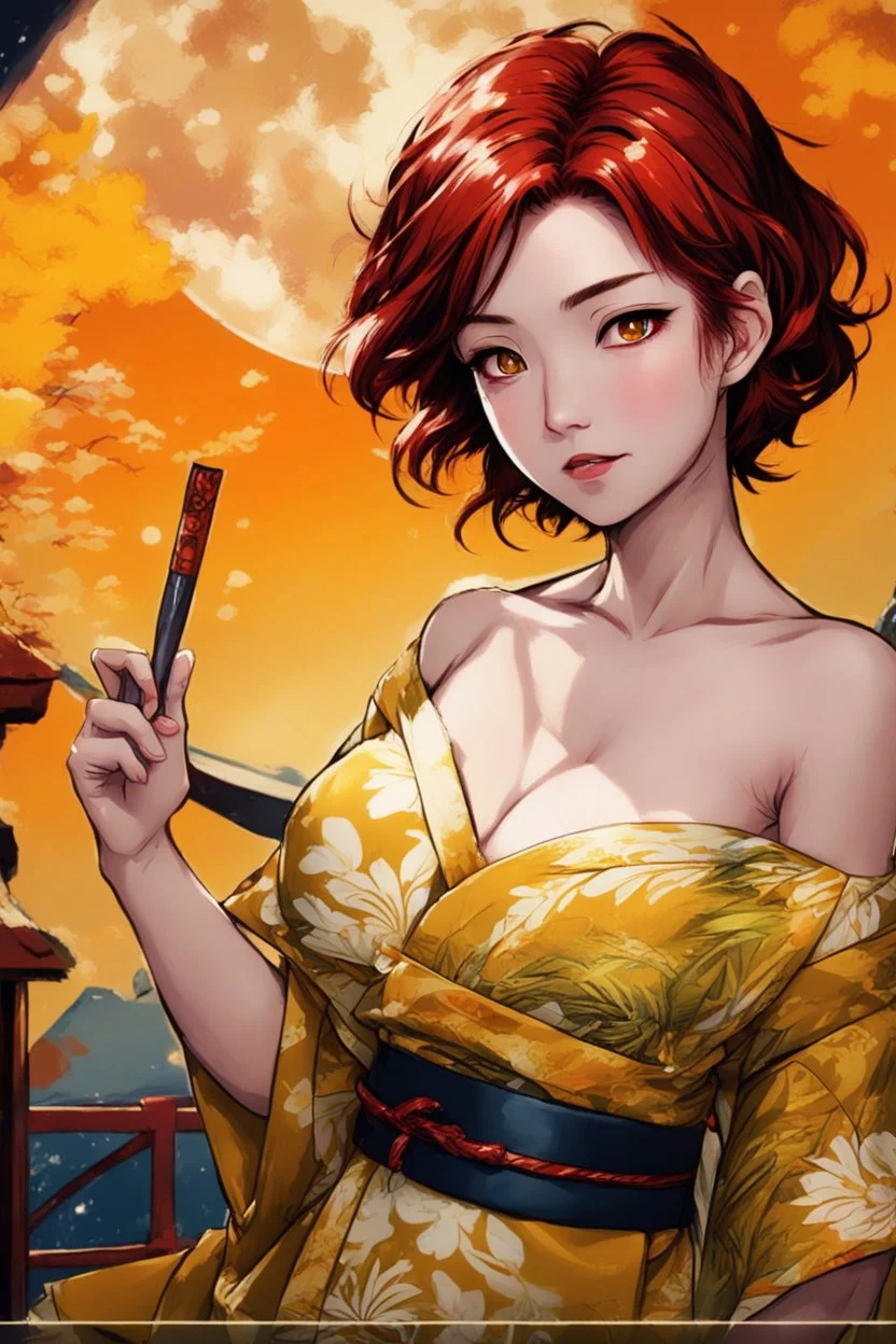 (Asian), short hair, fiery red hair hair, yukata, yellow clothes, 8k, best quality, winking, very dark night time, lighting from moon yellow moon, perfect, masterpiece