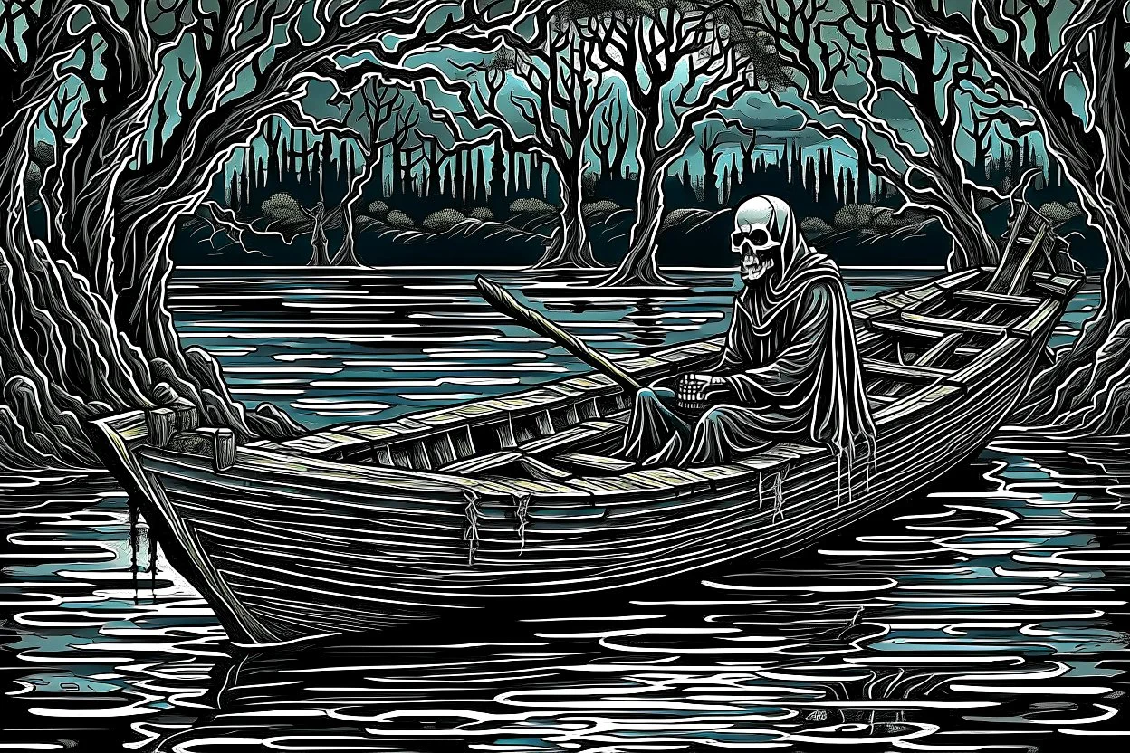 on the dark river in a boat the crepy boatman is the death goes for the souls of the dead people, surreal style, dark colors, strange landscape, detailed, sinister, depressive, surreal style crepy stunning