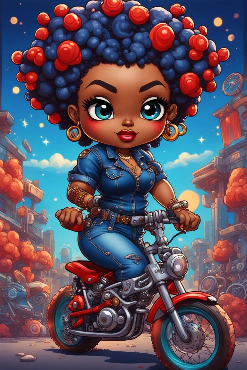 create a psychedelic style art illustration of the chibi cartoon character, a voluptuous black female in a blue jean outfit with biker boots. Her prominent makeup and hazel eyes, along with her detailed red bantu knots, are featured in this image, set against the background of a lively bike show.