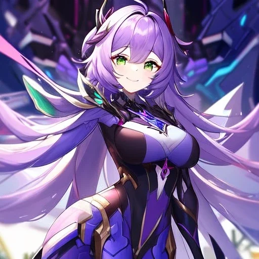 Clear focus,High resolution,High quality, Smiling, Purple long fluffy hair, Green eyes, Wearing a pink mech uniform, Honkai Impact Star Rail