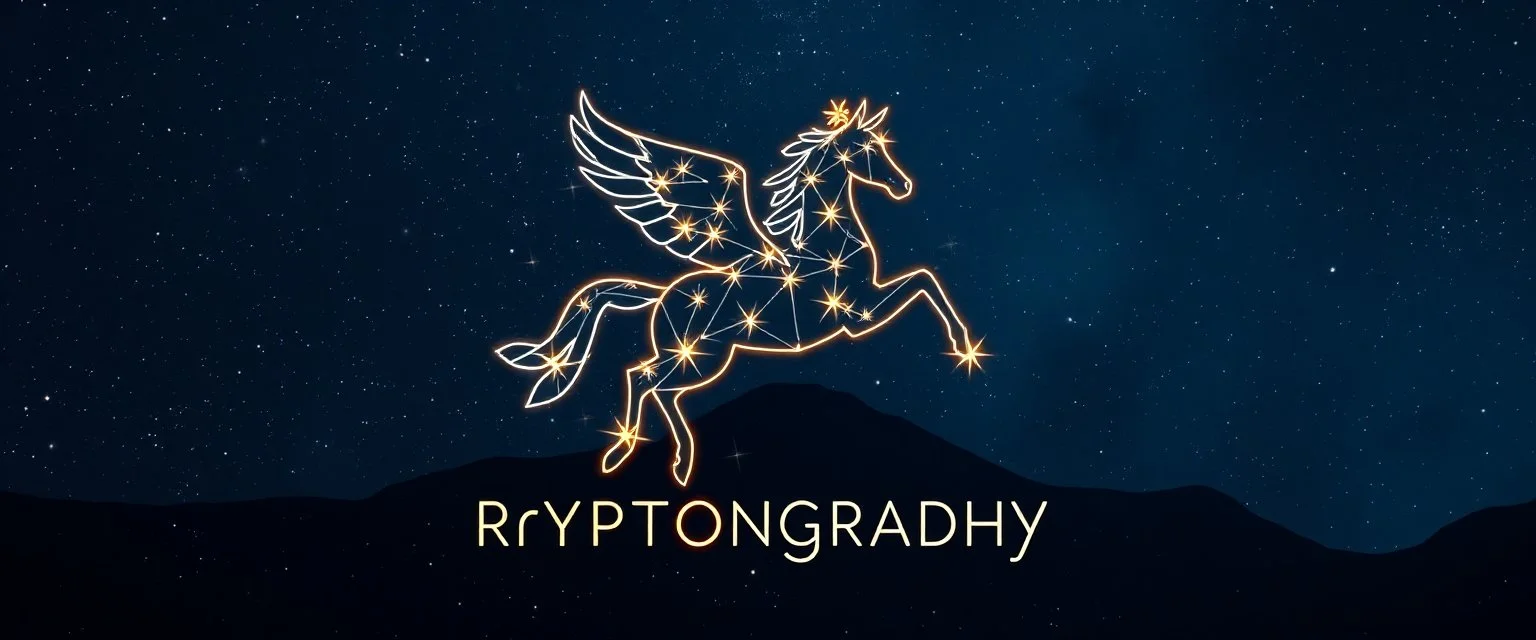 A star constellation in the form of a Pegasus in front of a deep space and the Orion Constellation. Glowing lines connecting the stars that form the pegasus constellation. Digital Art. Digital Drawing. Logo. Icon. The word Cryptography is under the Pegasus, also formed by stars and lines