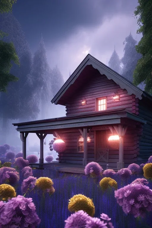 hyper detail, hyper realism, 4k, high quality, small wooden cabin, purple blue yellow silver teal black olive azure, red, pink, brown, flowers, steampunk, cinematic lighting