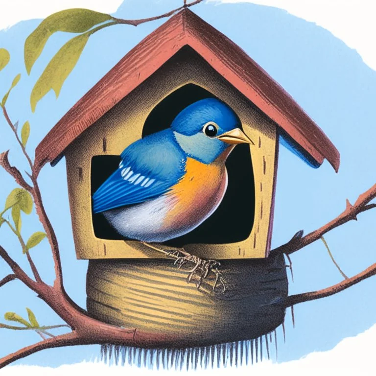 a color illustration of a bird sitting on a nest in a birdhouse.