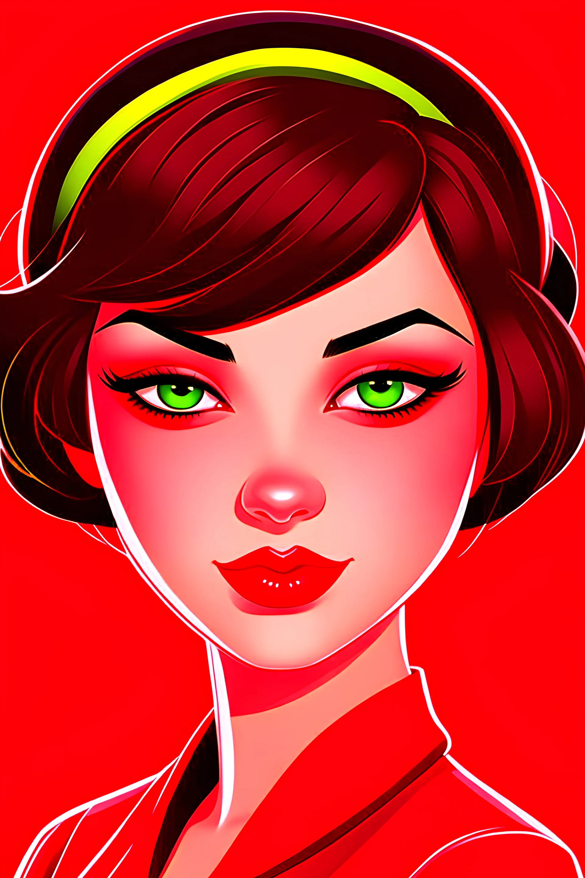 cartoon of beautiful short haired, feminine brunette stewardess lady with bob cut, big bright red lips and smoky eyes