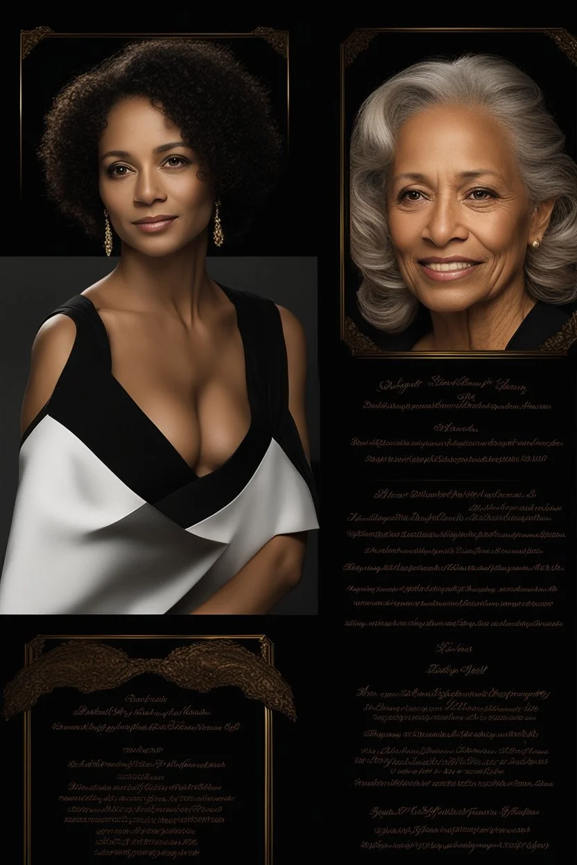 An extremely formal, funeral program on darkest black deep pigmented shiny paper with brilliant, brightest golden fonts, with a realistic colored photograph of an strikingly beautiful slightly tanned biracial woman of 48 years of age, the image has a dark black background or dark black drapery background, simple, minimalistic, less element, studio lighting,