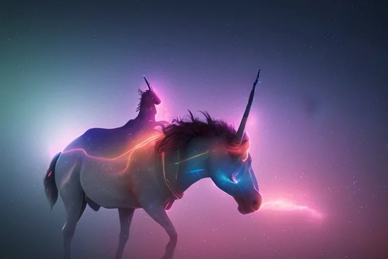 two glowing unicorns in space,nebula in the backround,shiva