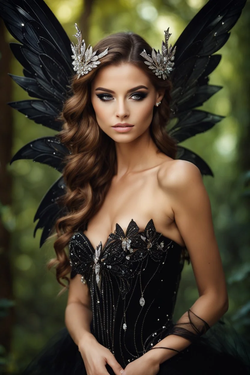 Gorgeous Real Photography Beautiful Super Model European woman dressing luxury Beautiful Lady Fairy with black wings,diamonds jewelry,wonderland background, close-up portrait