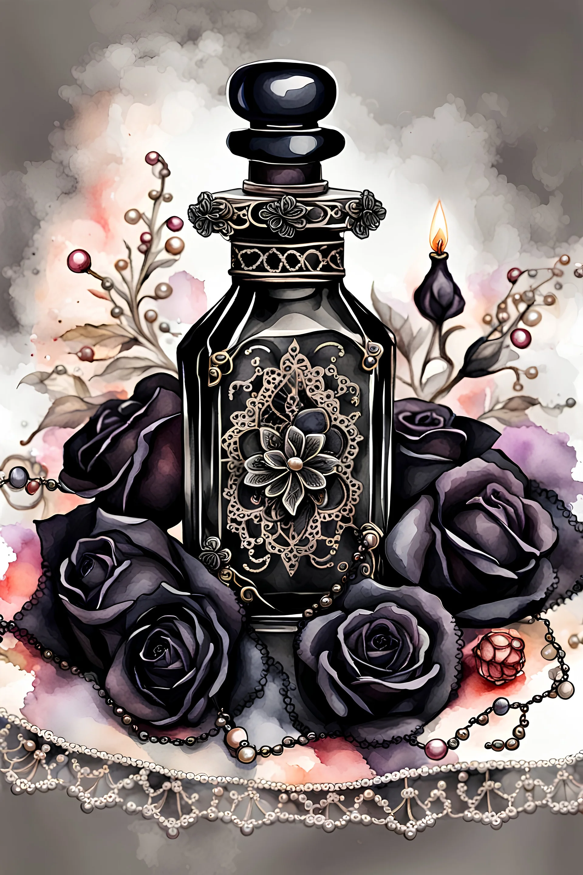 watercolor drawing gothic black perfume bottle, black lace, pearls, black roses, on a white background, Trending on Artstation ::{creative commons}:: Illustration :: Color Grading:: Filmic, Nikon D750, Brenizer Method, Perspective, Depth of Field, F/2.8, Lens Flare, Tonal Colors, 8K, Full-HD, ProPhoto RGB, Perfectionism, Rim Lighting, Natural Lighting, Soft Lig