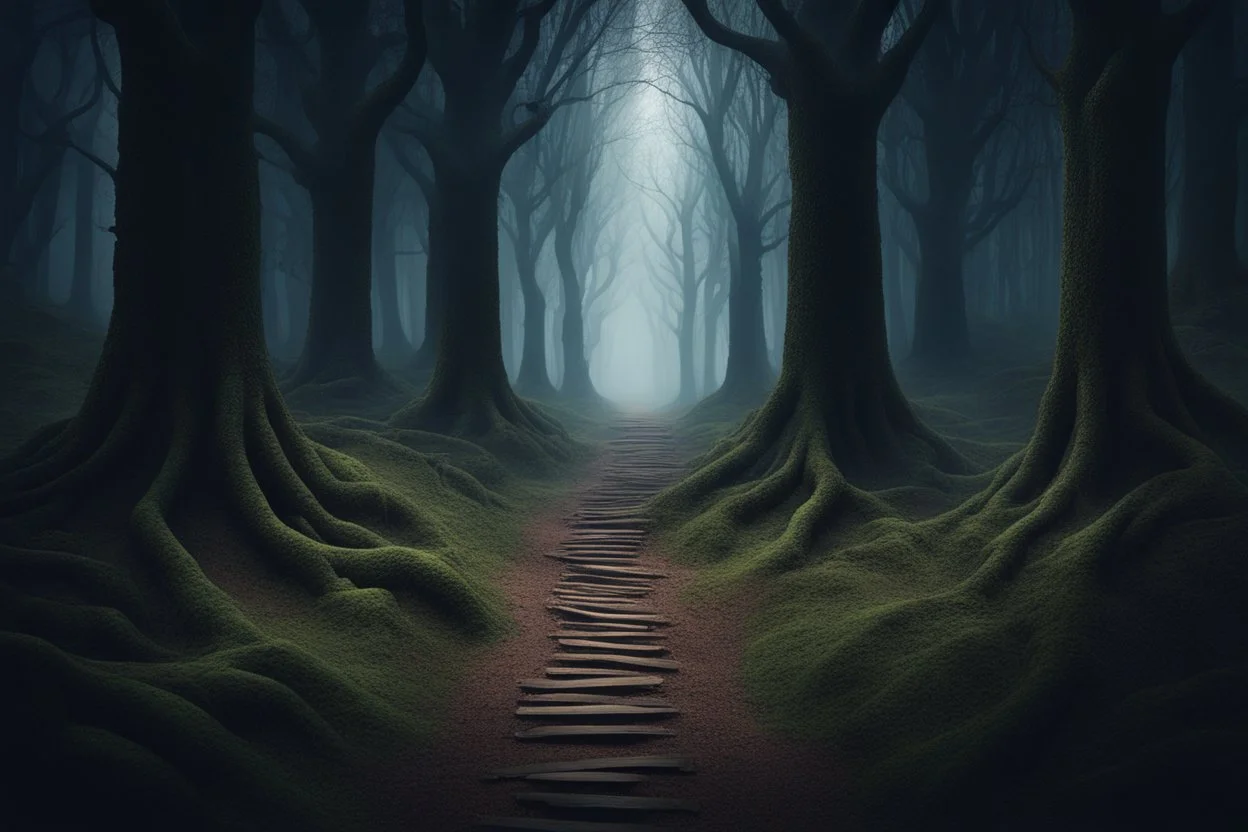 лес темный, с тропинками