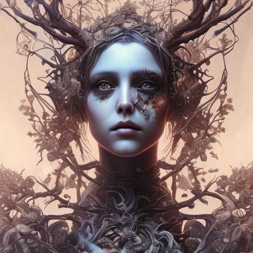 singer Danish MØ face, illustration by <Yoji Shinkawa>, intricate detail , high lighting, karlan, rusty metal, Dryad, fae, sidhe, ominous, nature, plants, wildflower, facepaint, dnd character portrait,