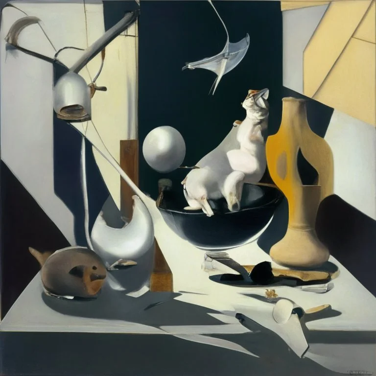 Abstract painting formed by a mix of human flesh-like surgical instruments and universe-like neuralink, a cat looking at a pigeon inside a huge bulb between light and shadow at dusk,surrealism,minimalism,Painting By Adrian Ghenie, Rene Magritte, Salvador Dali, Lucian Freud