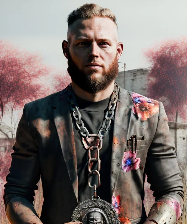 an abstract painting of rusted metal and flowers, Viking style, 8K, a Highly detailed stunning portrait of Dom man holding a submissive woman by the chain, realistic face, white suit, beard, and short hair, bad boy