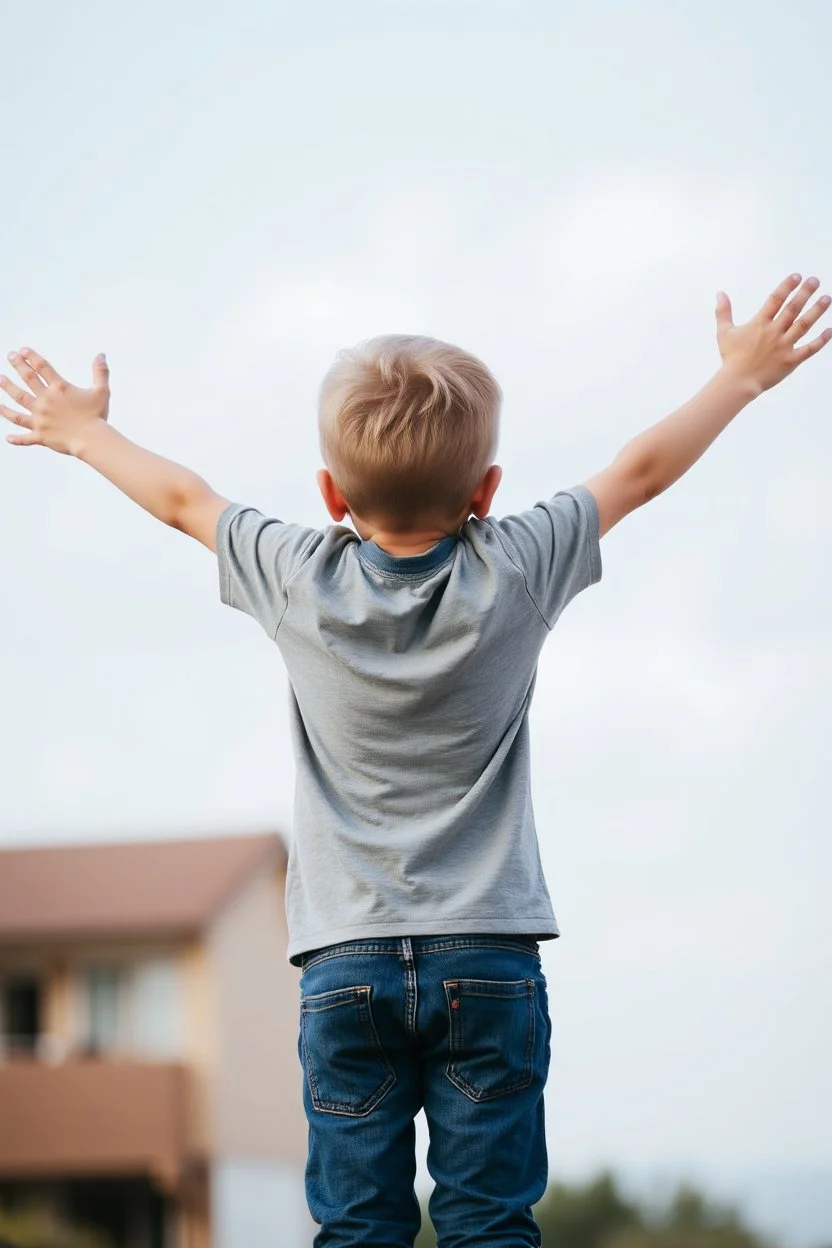 12 year old boy from behind with arms outstretched