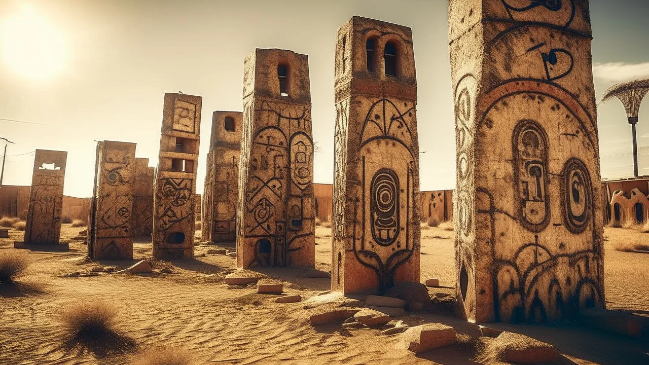 Edificios‑tótem que emergen de un suelo terroso, coronados por símbolos solares y letras inventadas, atmósfera surreal donde la ciudad es un mapa espiritual.