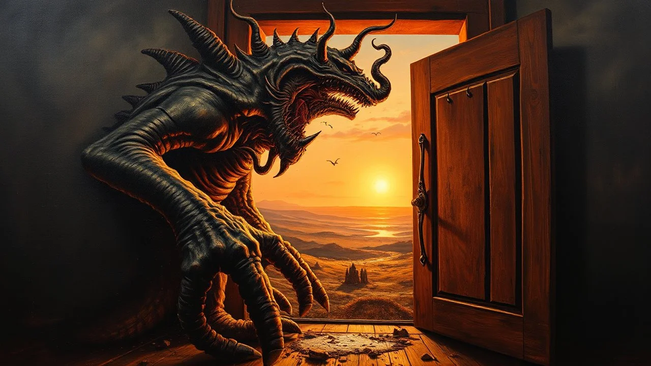 A twisted, oil-painted behemoth, forged in the darkest recesses of a surreal dreamscape, bursts forth from the shadows as it shatters the confines of a worn, wooden door, the warm glow of a distant sun casting an otherworldly radiance upon its intricate, swirling patterns, reminiscent of Hieronymus Bosch's hellish visions and Salvador Dali's melting landscapes, where the lines between reality and madness blur, and the very fabric of existence is rent asunder by the primal power of this monstrous