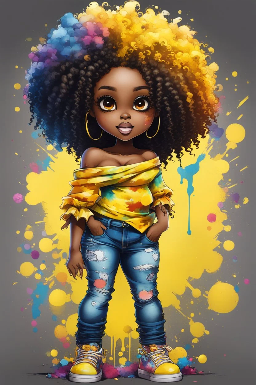 create a colorful abstract graffiti art image 8k of a chibi curvy black female wearing torn jeans pants and a yellow tie dye off the shoulder blouse. Prominent make up with hazel eyes. Highly detailed long tight curly afro in a hair wrap.