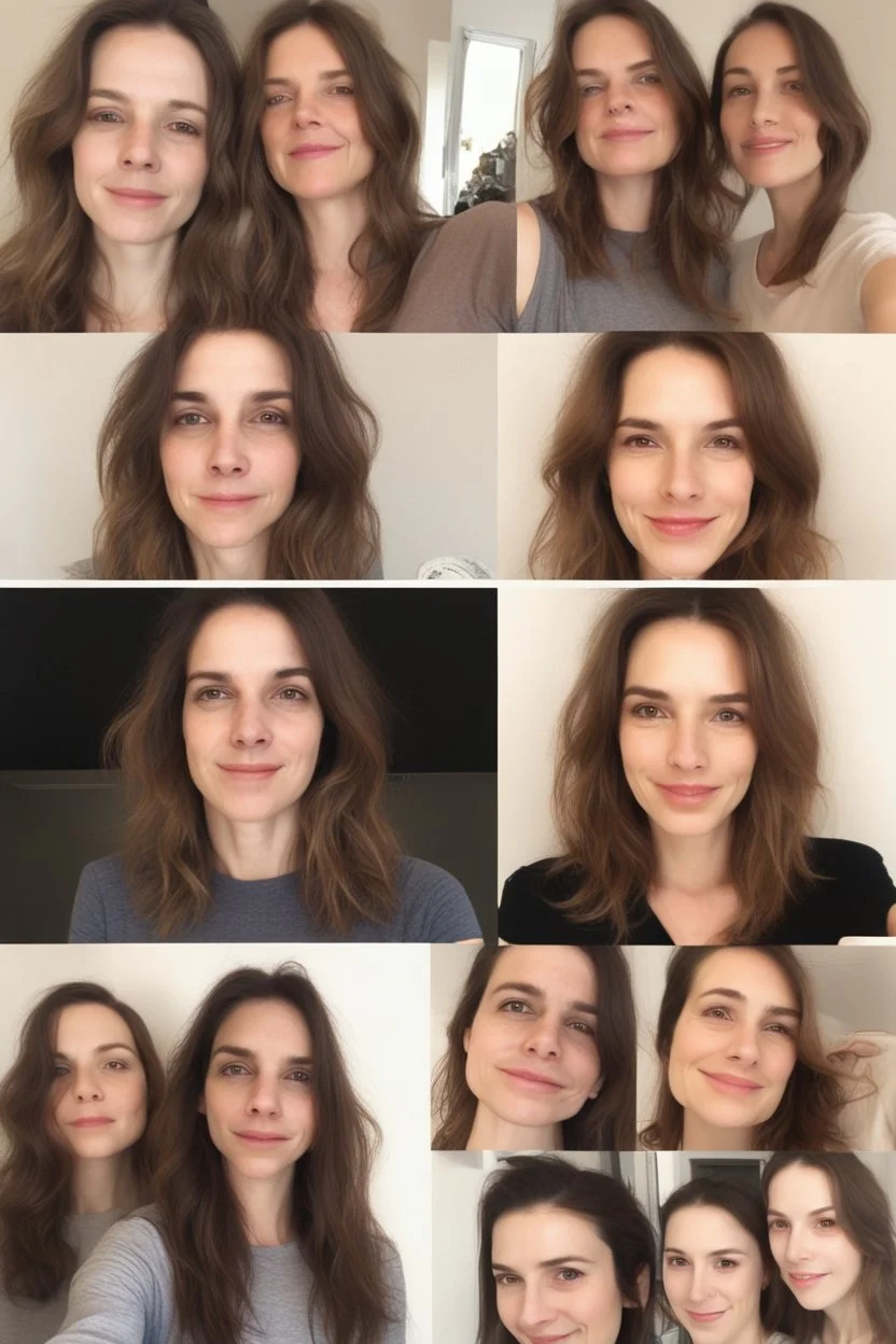 A selfie of a brunette woman, middle short hair, showing a 27-year-old European woman. She has white skin, tousled brown hair, face without makeup, big round dark brown eyes, cute profiled nose, detailed full lips, skin texture. Split screen and show the same face but 10 years older