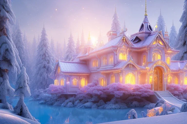 a magical crystal snow pink gold house in the woods, sun,white swanns,pink vertical, blue lake,sharp, vines, candlelit, endor, ornate, elegant, highly detailed, artstation, concept art, smooth, sharp focus, illustration, 8k, splash art, wallpaper, key visual