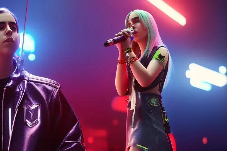 Billie Eilish, on stage with guitar, cyberpunk2077, realistic, not to be distinguished from a photo, identical pupils, photorealistic illustration