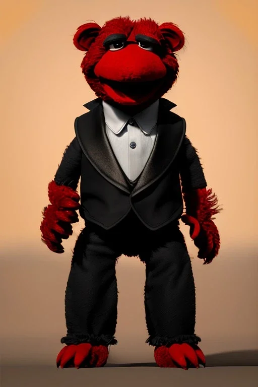 Waist up muppet Portrait, Kim Jong-un muppet doll, black suit, photo studio, red background, unreal engine 5, concept art, art station, ray tracing, lumen lighting, ultra detail, volumetric lighting, 3d.