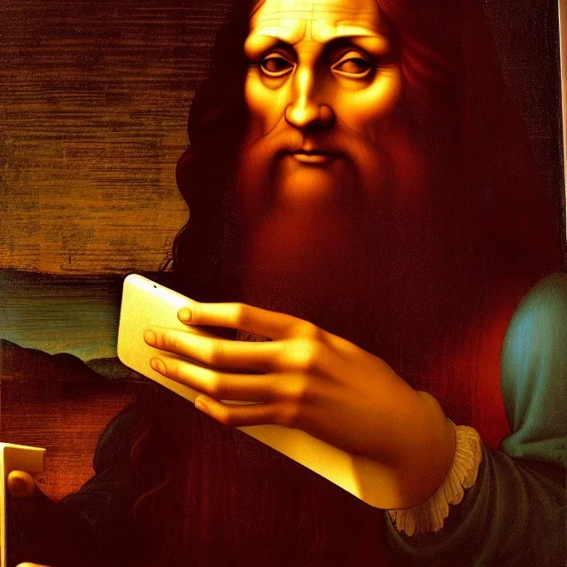 leonardo da vinci with computer. creating in photoshop. hyperdetailed, warm colors, movie poster, photoillustration, oil on canvas, lens flare