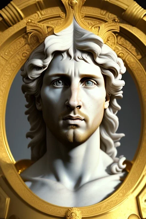 Ultra Realistic image, classical renaissance sculpture, white marble material, Lionel Messi, sun circle crown, chisel style, waist up portrait, epic, celestial, gold, cinematic lighting, God light, god rays, 4k resolution, smooth details, ornate details, soft lighting, unreal engine 5, marble background.