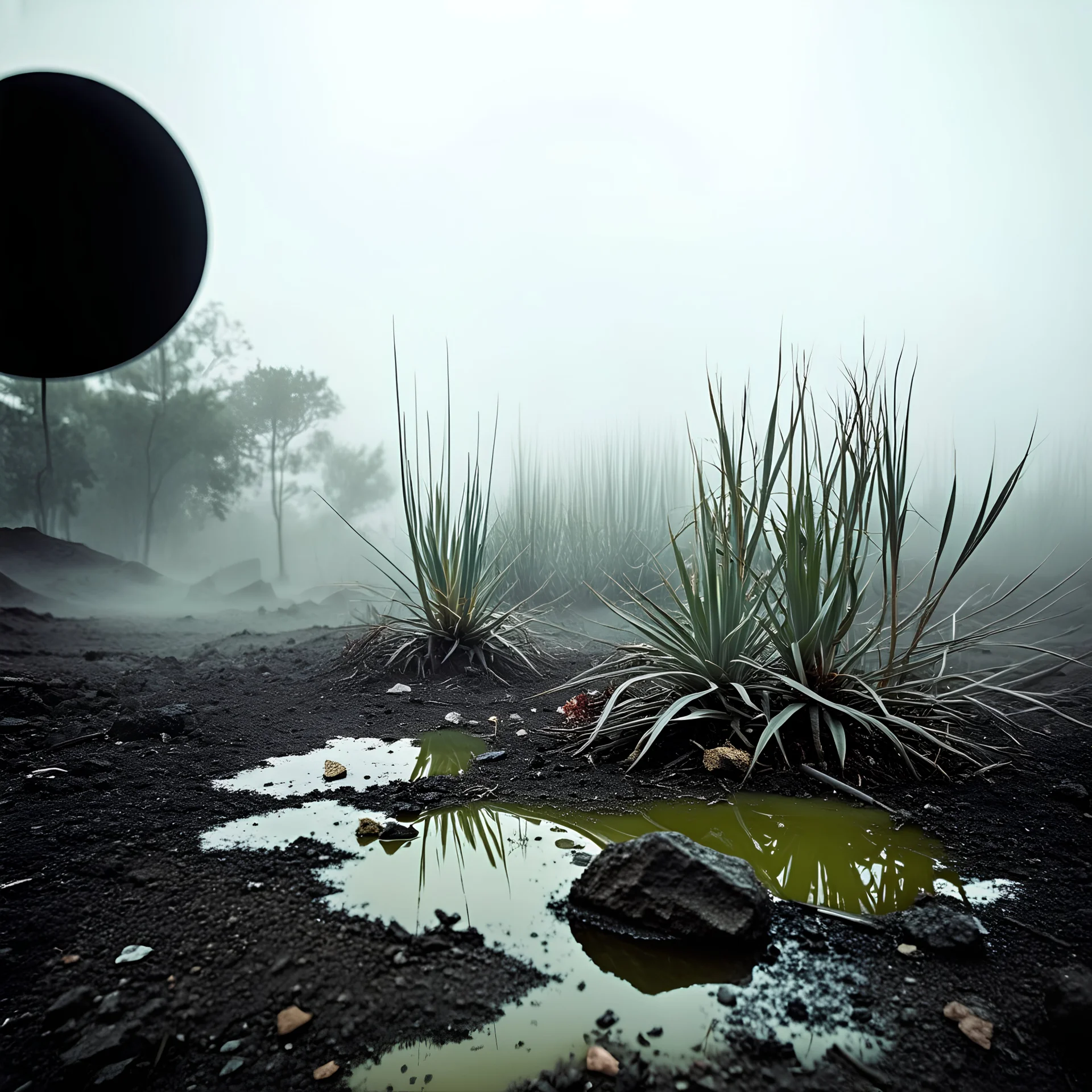 A striking quality Kodak photograph captures a wasteland with liquid and a group of plants, creepy, details of the dust very accentuated, glossy organic mass, adorned with minerals and rocks. Bathed in intense light, eerie, Max Ernst style, black sun, fog