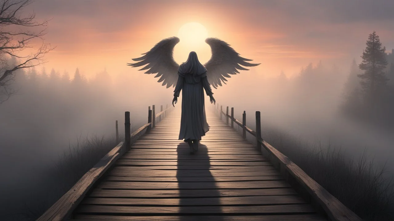 walking straight ahead over a wooden bridge, holding the angel of death with your right hand, entering the fog at the end of the road that leads to the afterlife, a stream from the mountains flows from the right and left, and a beautiful sunset behind the fog, realistic