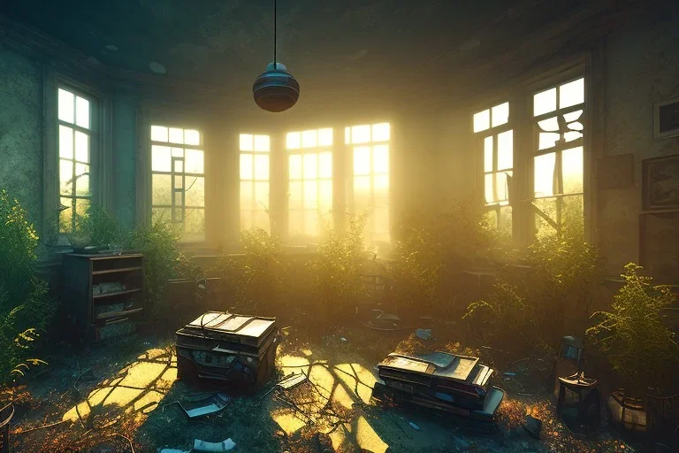 living room,overgrown, sundown, volumetric lighting through window, abadoned,post apocalyptic, rundown, realistic, unity engine, bloom,cinematic lighting,blue tone, octane render.