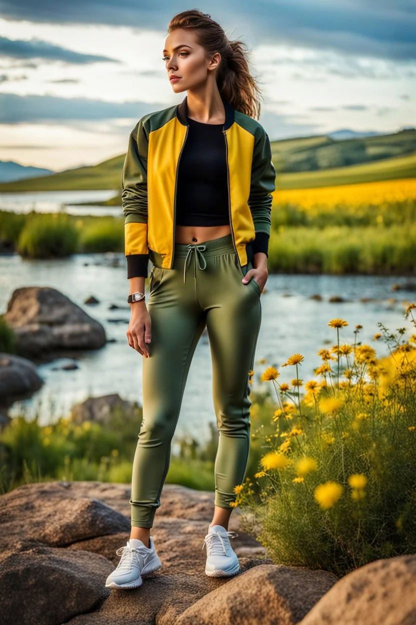 fullbody shot of young-beautiful-girl-with-a-perfect-face-with-make-up-wearing- sport pants and jacket standing ,geen hills ,nice nature environment ,wild flowers,clean water river with colorfull rocks in floor