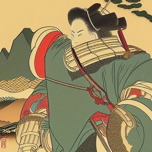 Ukiyo-e style illustration of mountain landscape armor gold high detail