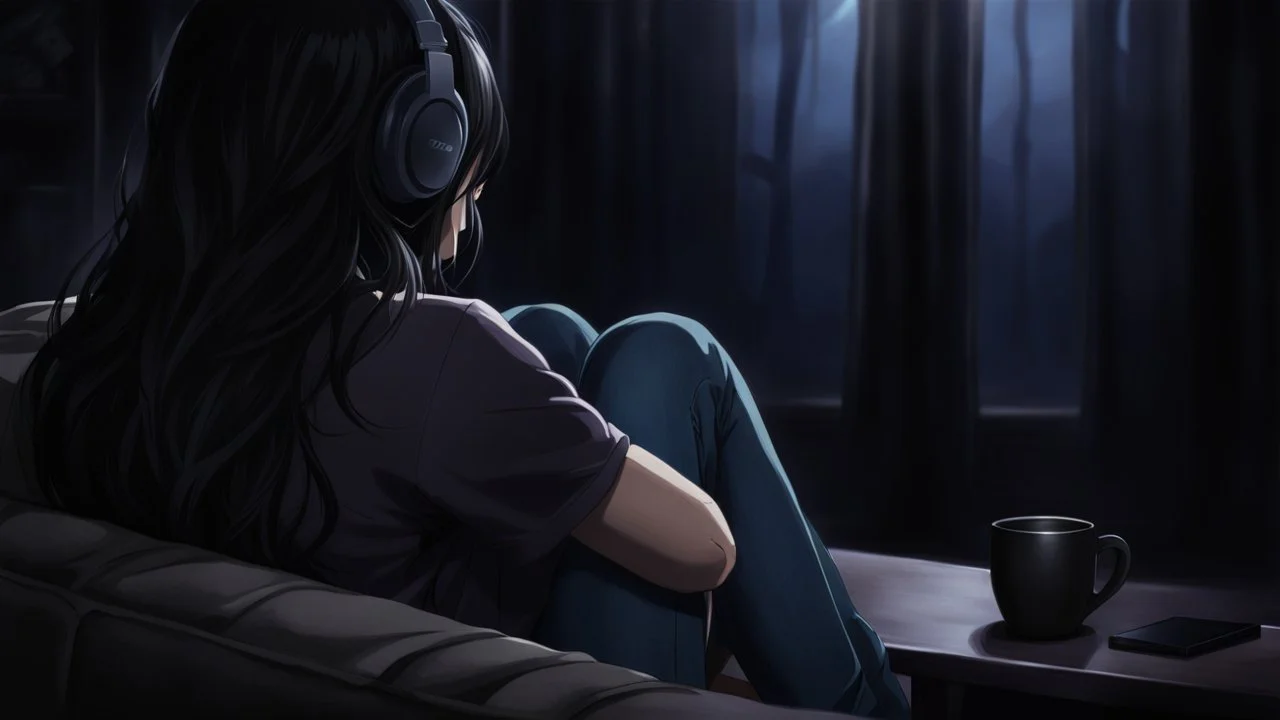 dark 3d anime style, close up in the foreground back to the camera a woman sitting on sofa with her knees pulled to her chest.. in comfortable t-shirt and jeans clothes.. her is normal body not too thin,,Her face is not visible at all. She long dark hair partially covering the side of her head. a headphones on her head and near a table with one mug and a mobilphone on table, heavy dark courtains covers window suggesting to shut out the outside world. She is facing the window,